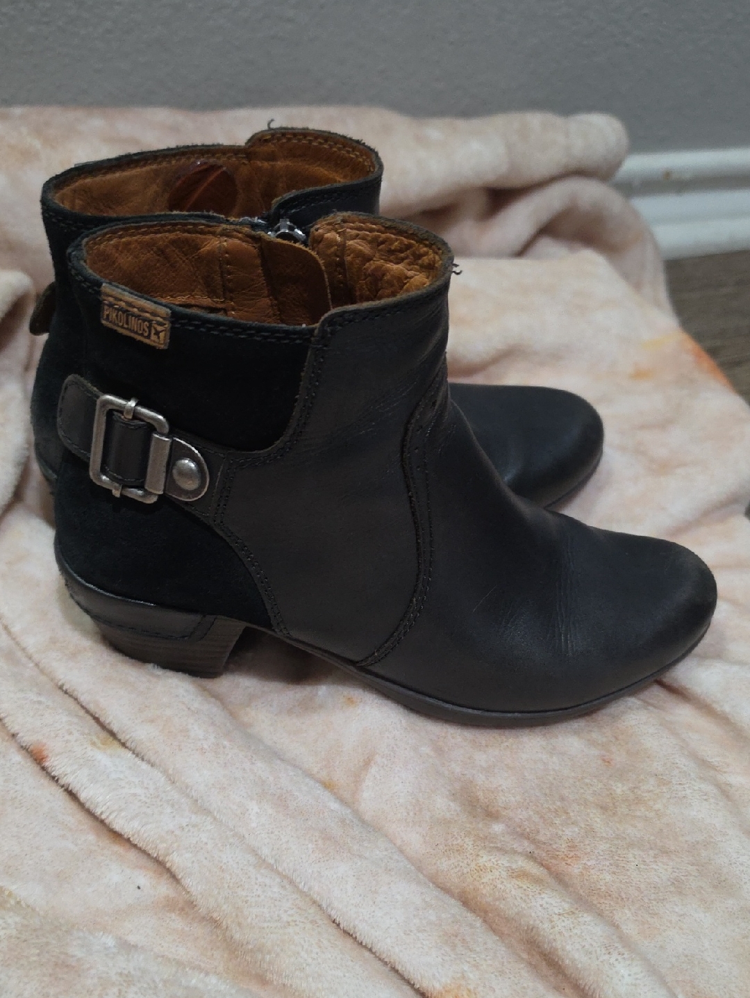 Pikolinos Black Leather & Suede Ankle Booties With Buckle